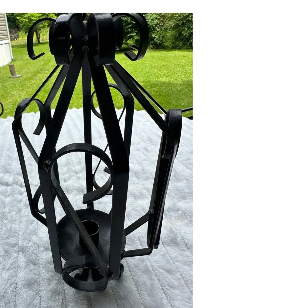 Vintage Black Wrought Iron Hanging Scroll Candle Lantern Gothic Decor 10 inch